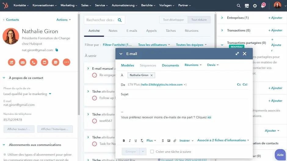 Hubspot contact page details with email window